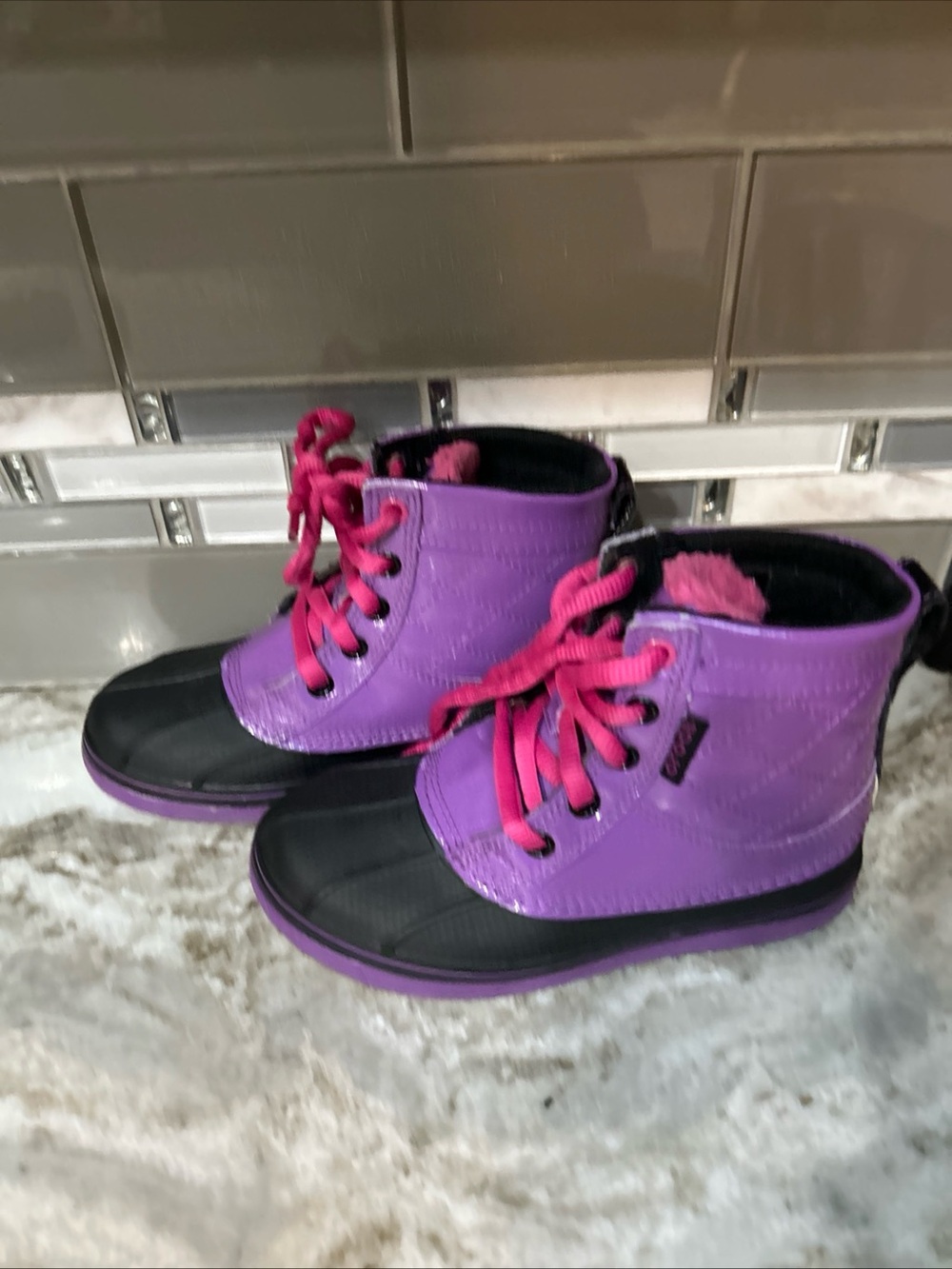 Crocs Boots Kids Girls Sz 13 Purple All Cast Duck Snow Lace Up Waterproof Rain.